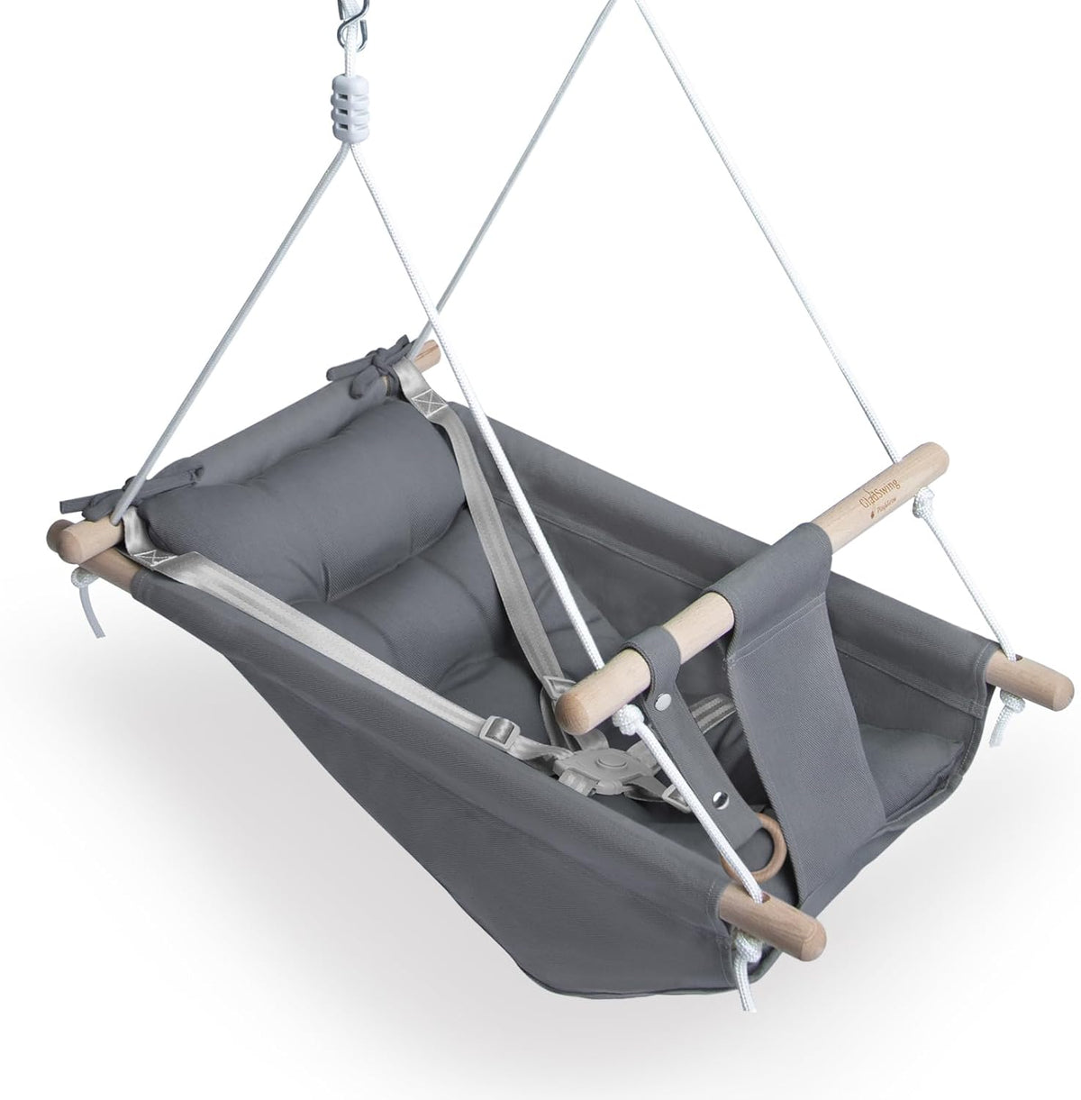 Gladswing canvas baby swing front view showing grey fabric and wooden bars