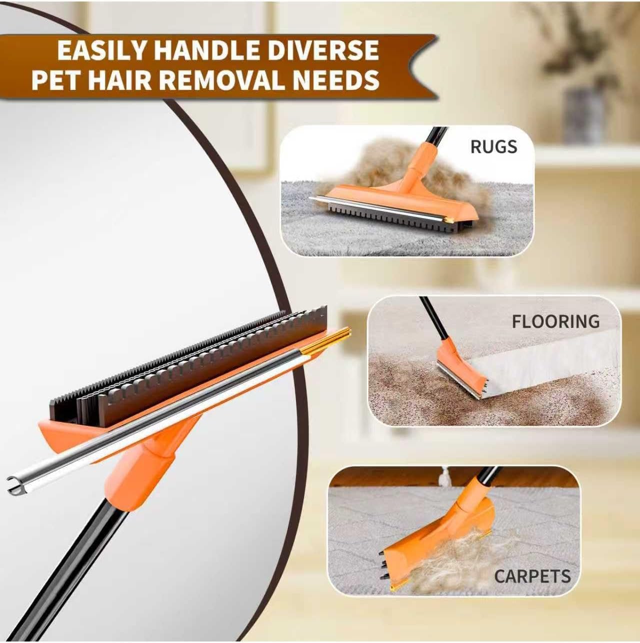 Carpet rake removing embedded dog hair on carpet stairs