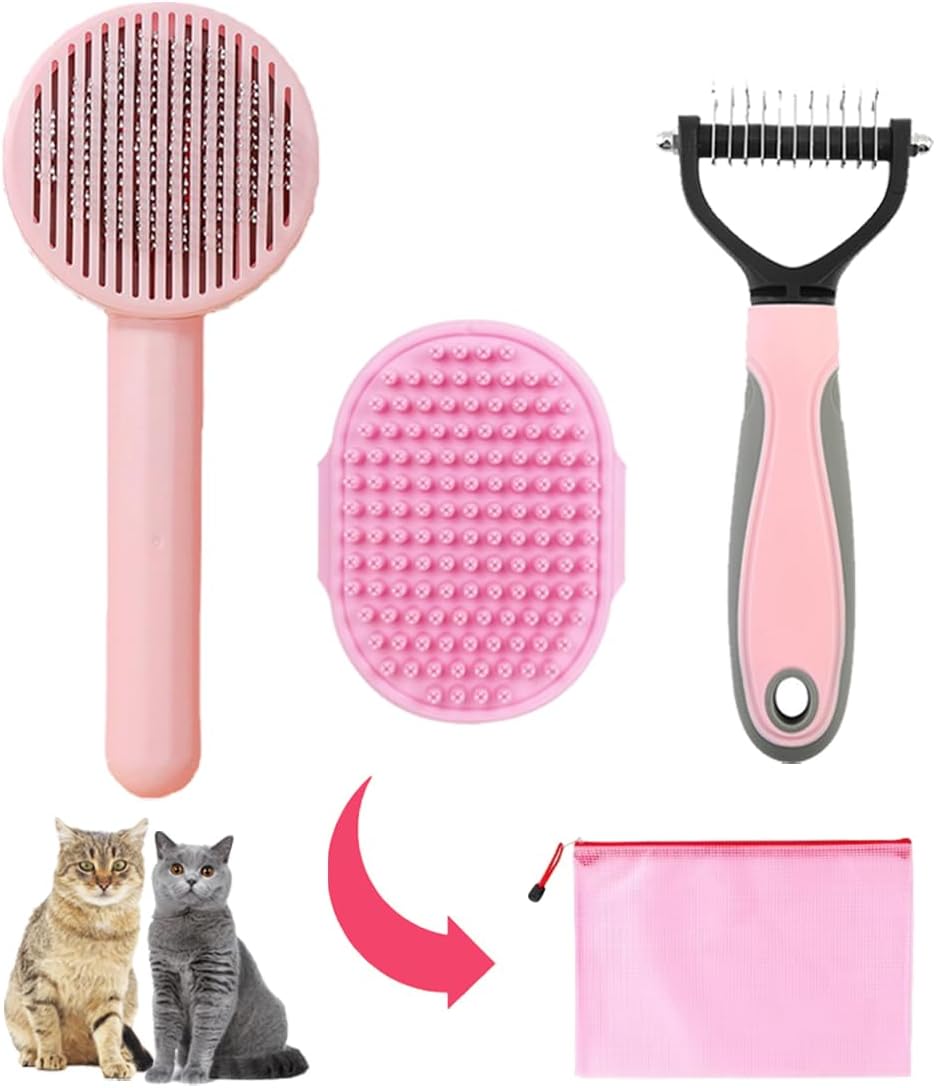 Grooming Kit for Indoor Long-Haired Cats - Self-Cleaning Brushes for Shedding and Matted Fur, Flea Comb Set, Pink - Image 9