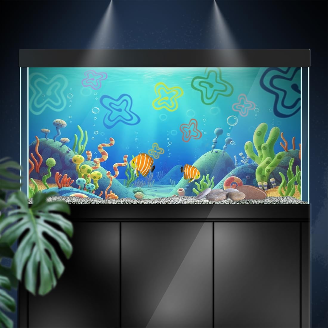 Waterproof vinyl aquarium background graphic detail illustrating playful sea plants and marine life animations.
