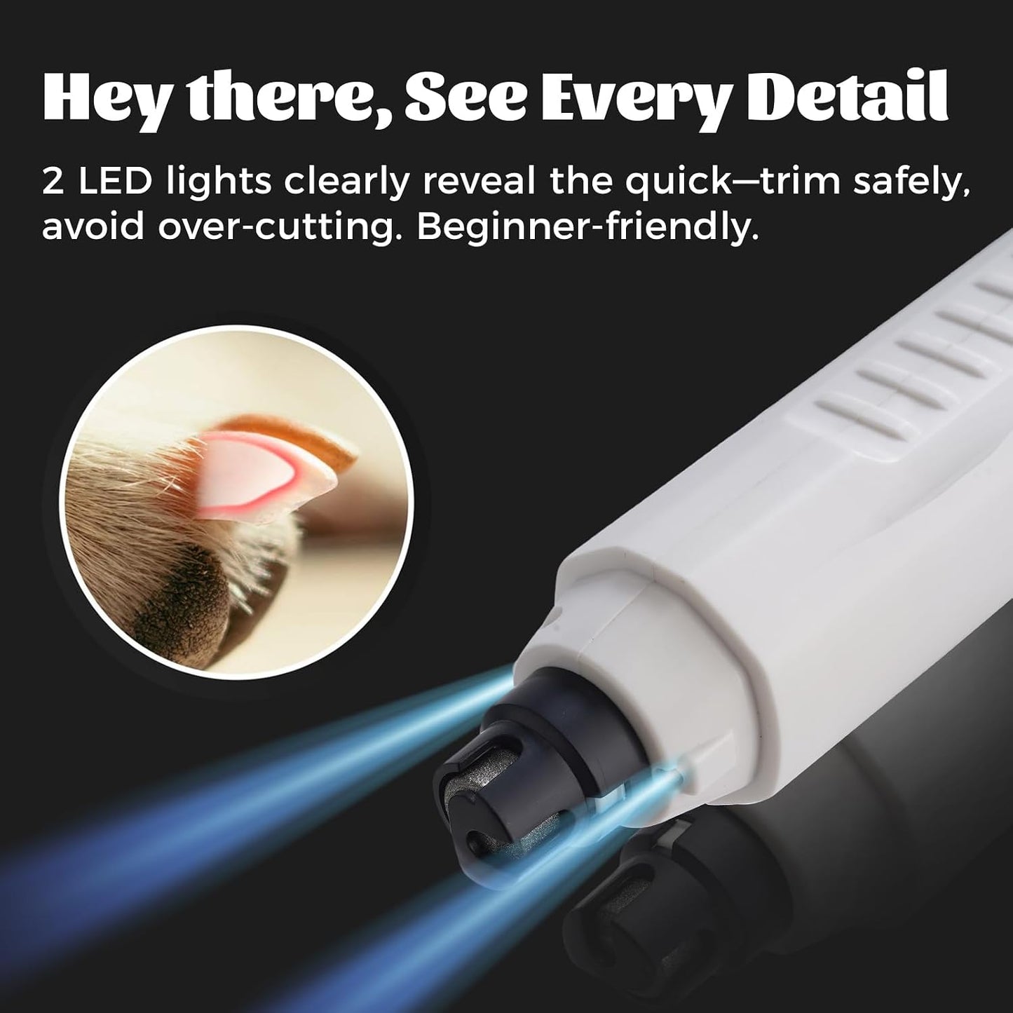Lucky Trove dog nail grinder showing LED light feature