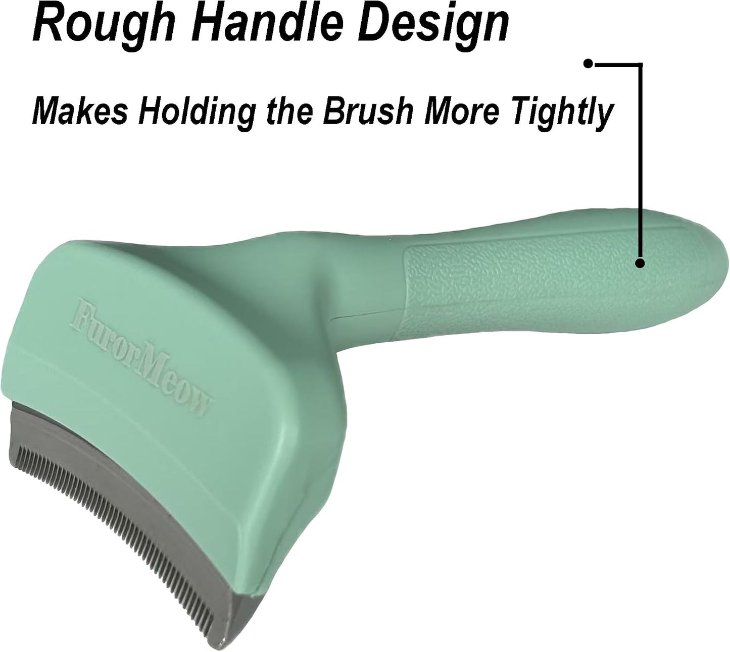 Side profile of FurorMeow cat deshedding tool showing curved blade