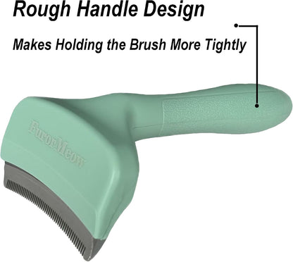 Side profile of FurorMeow cat deshedding tool showing curved blade