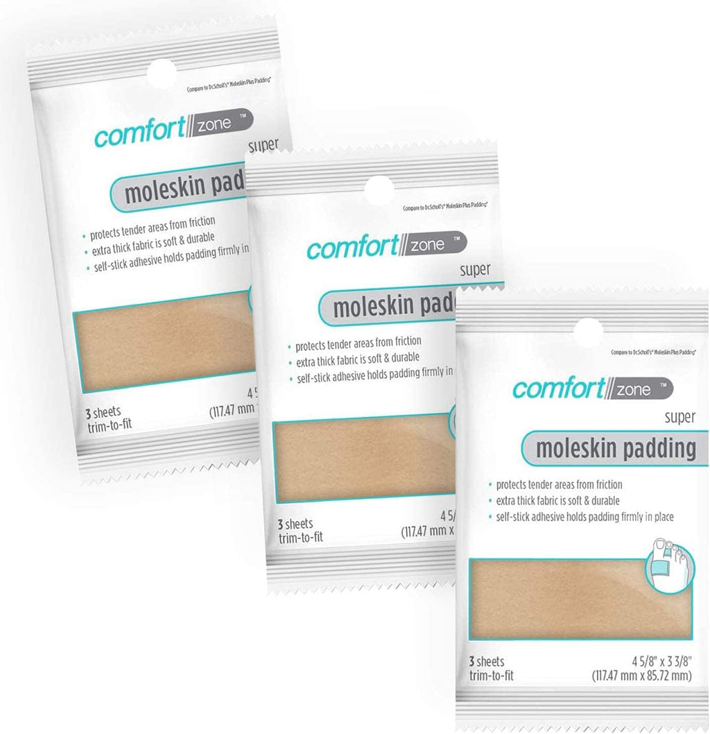 Comfort Zone Super Moleskin Padding pack of 3 front view for foot friction protection.
