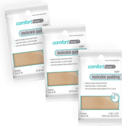 Comfort Zone Super Moleskin Padding pack of 3 front view for foot friction protection.