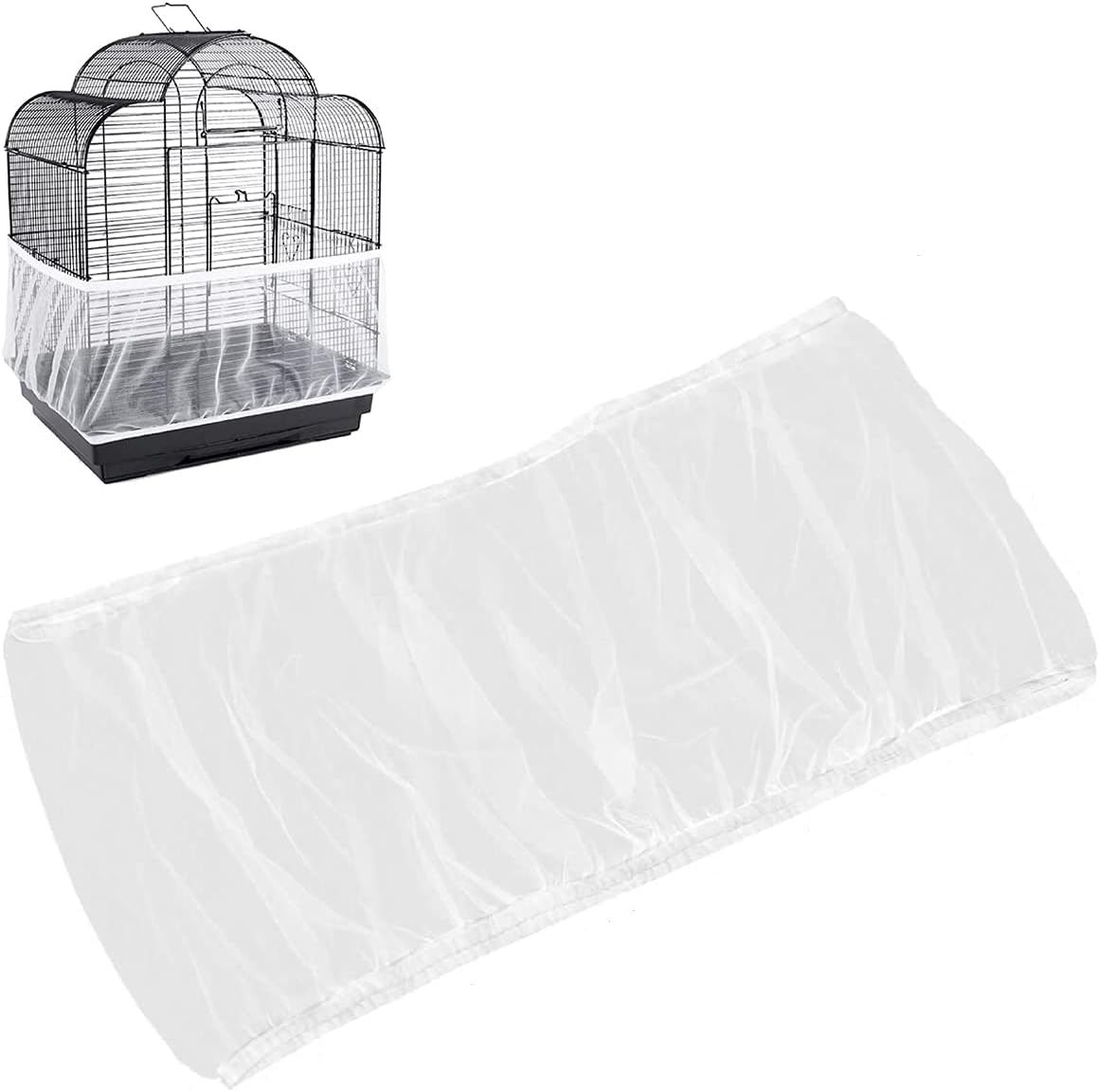 BSBMIEQM universal bird cage seed catcher front view showing white nylon mesh skirt on cage