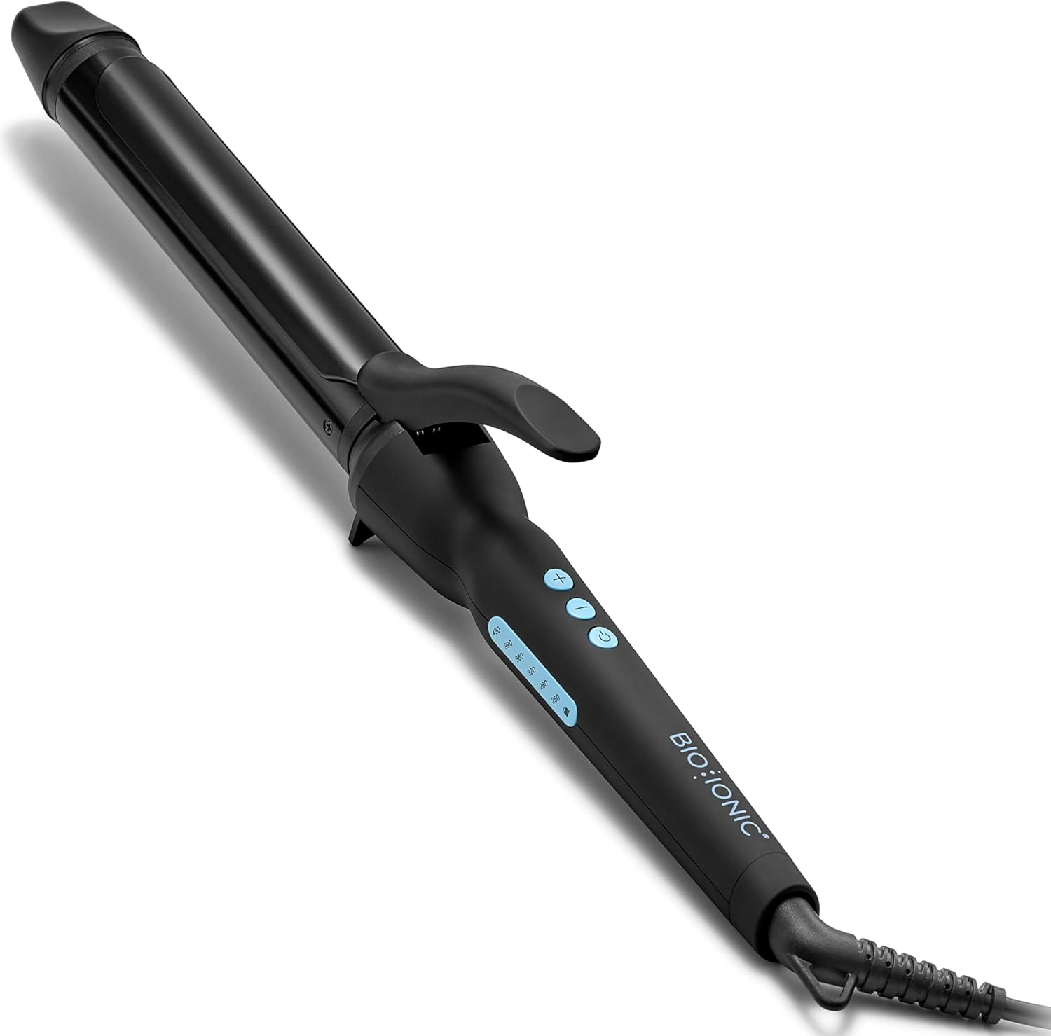 Bio Ionic Long Barrel Styler Pro Curling Iron front view displaying the extended black barrel and digital heat controls.