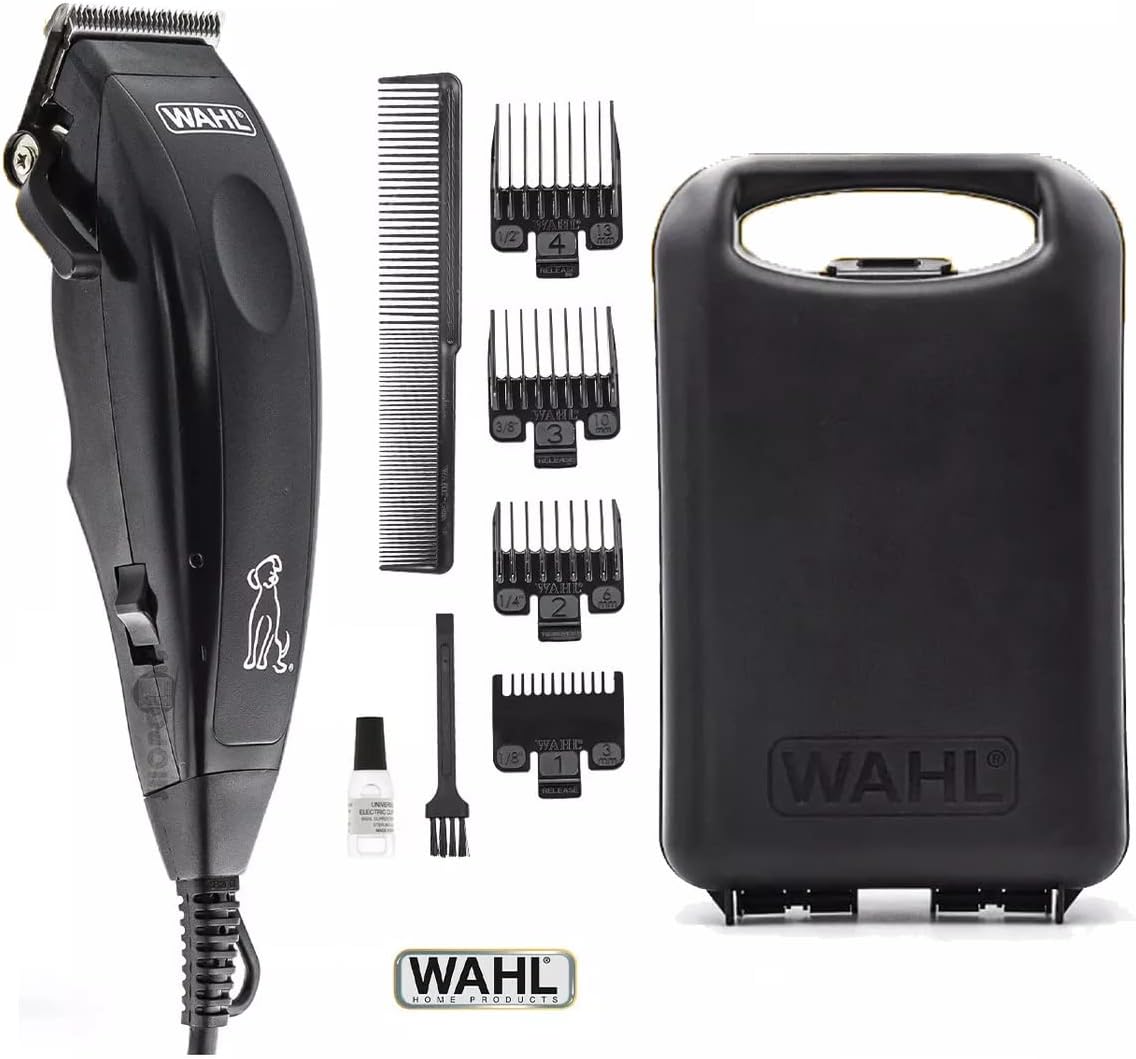 Wahl corded dog trimmer showing high carbon steel fur feeding blades.
