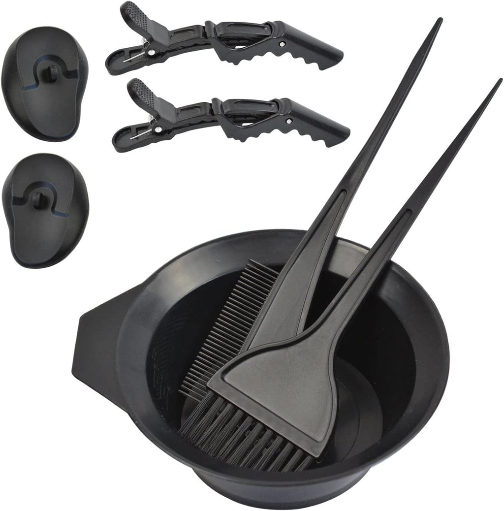 YTBYT professional salon hair coloring dyeing kit front view showing all seven black plastic tools arranged neatly.