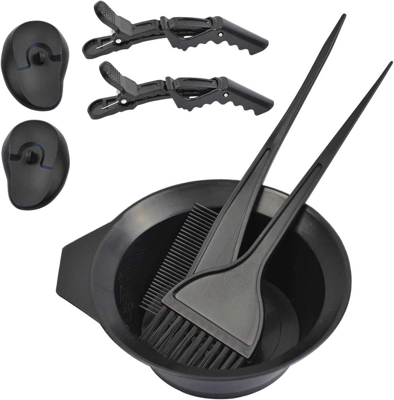 YTBYT professional salon hair coloring dyeing kit front view showing all seven black plastic tools arranged neatly.