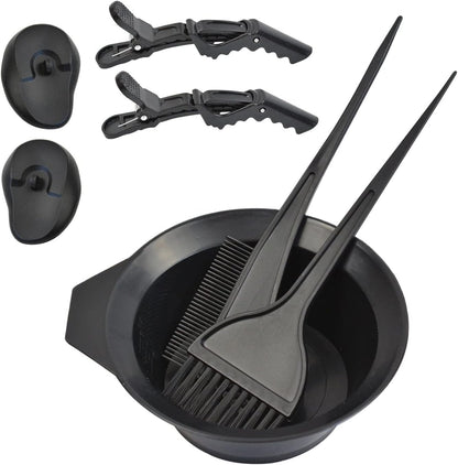 YTBYT professional salon hair coloring dyeing kit front view showing all seven black plastic tools arranged neatly.