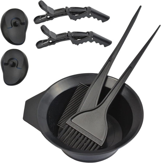 YTBYT professional salon hair coloring dyeing kit front view showing all seven black plastic tools arranged neatly.