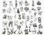 Collection of antique silver cat charms displayed flat