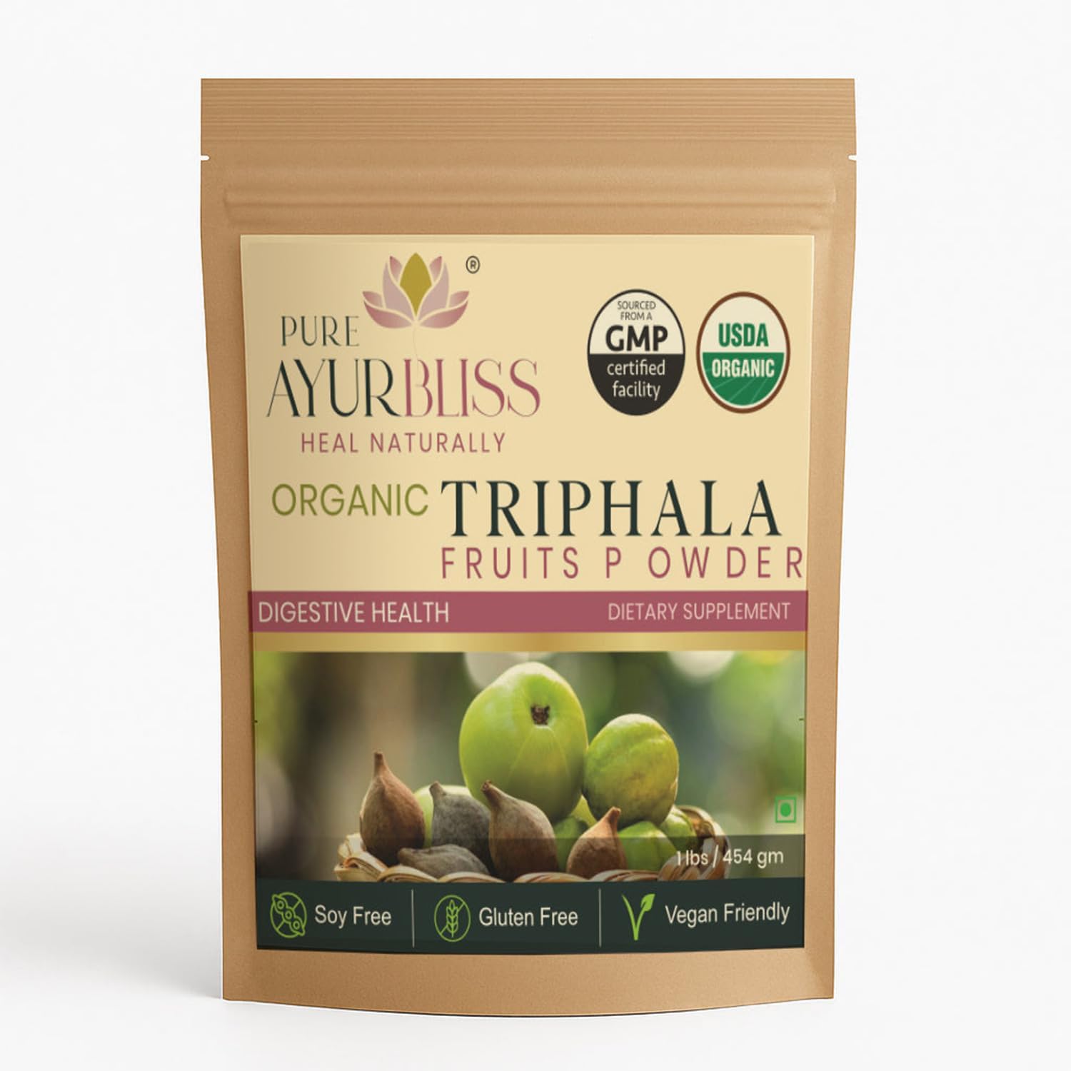 PureAyurbliss Organic Triphala Powder 454g bag for Ayurvedic gut health and internal cleansing