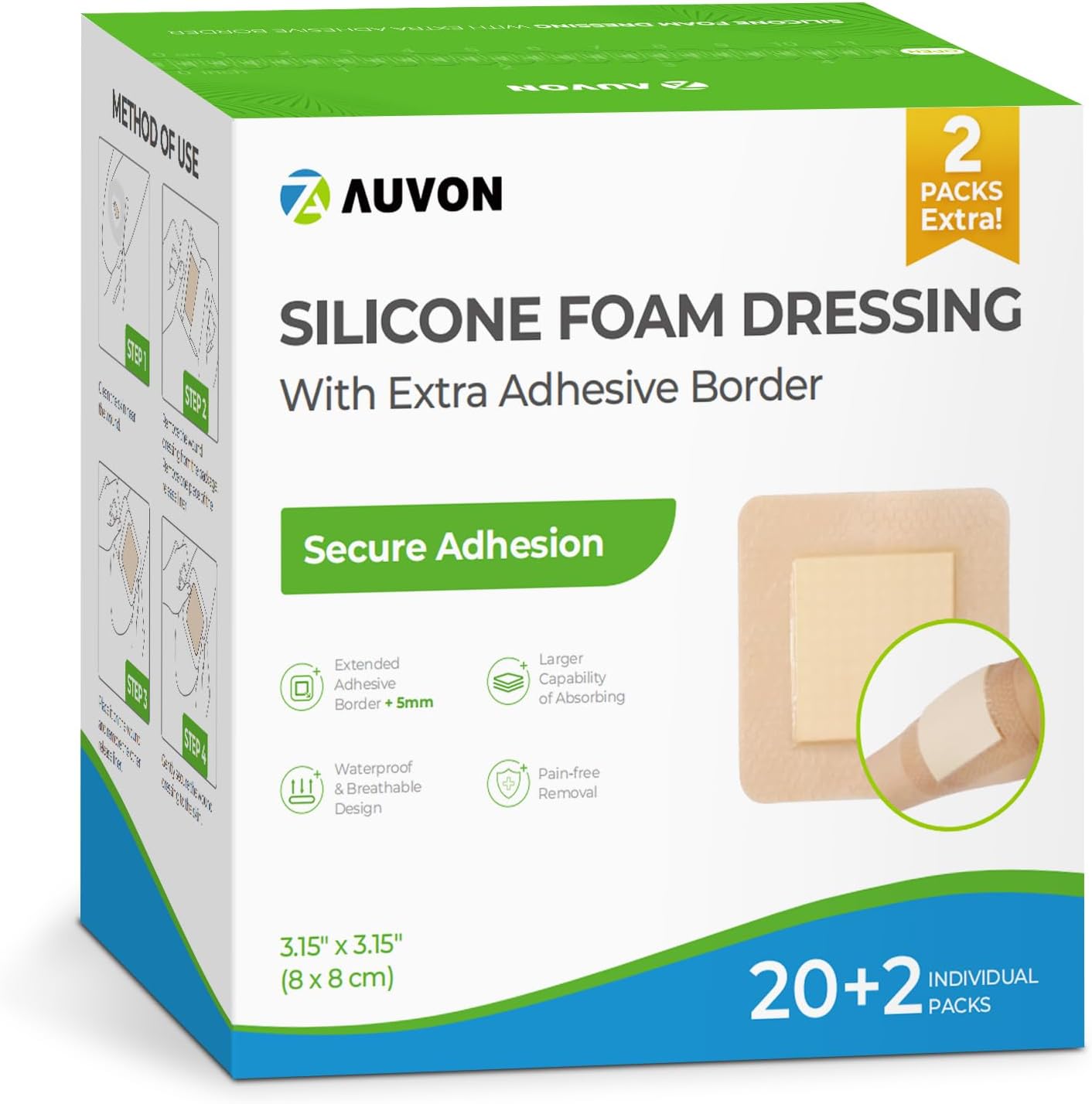 AUVON Silicone Foam Dressing front view package of wound care bandages