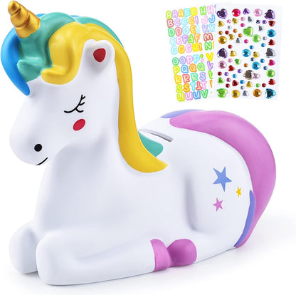 PJDRLLC unicorn piggy bank front view showing the purple rainbow design toy coin bank.