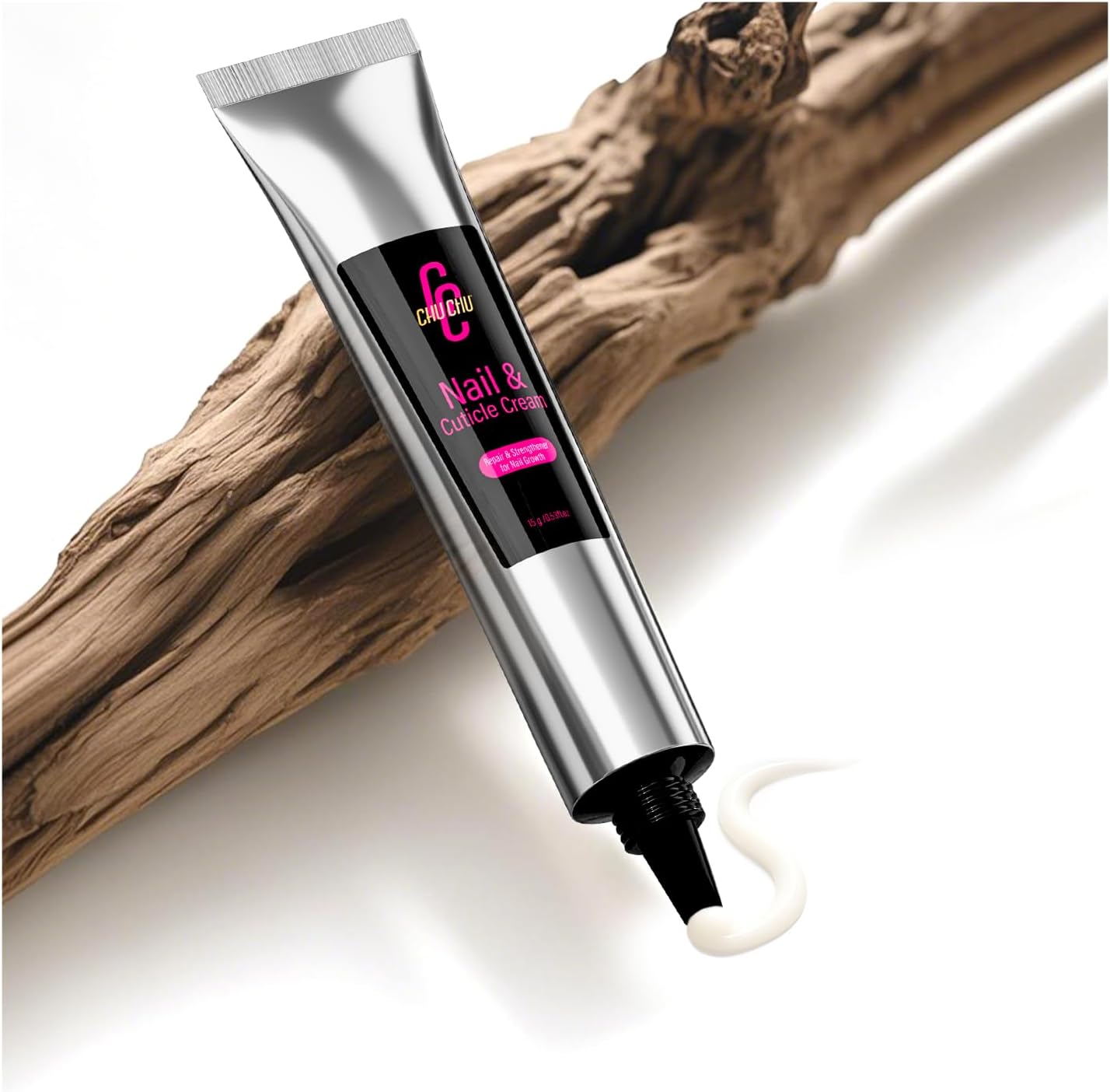 Chuchu Cuticle Repair Cream front view in silver tube