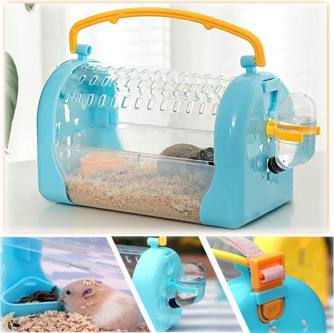 kathson Hamster Cage Travel Carrier Portable Cage with Water Bottle Outgoing Cage and Adjustable Strap Pet Cage for Small Pet Hedgehog Sugar Glider Squirrel MiceBlue - Image 4