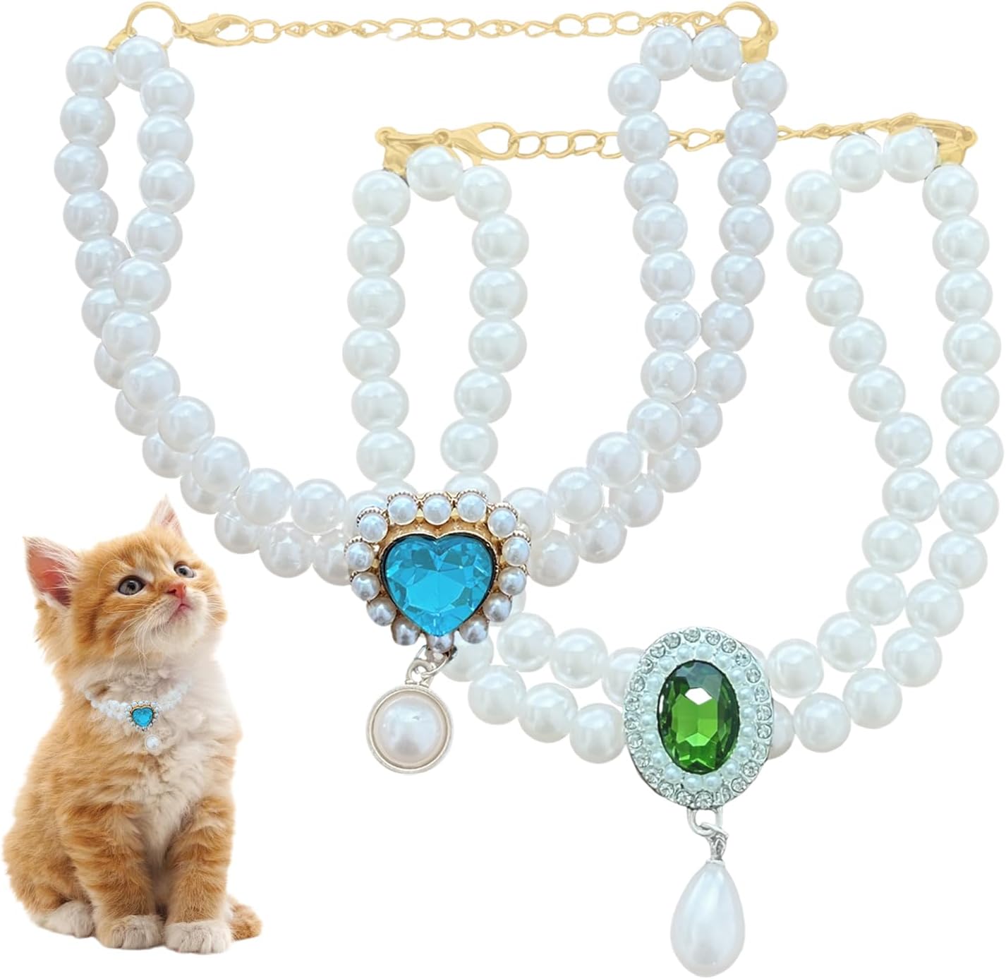 Ganbuyrii adjustable cat pearl collar front view showcasing the green and blue gemstone heart pendants.