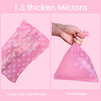 Sixteen rolls of pink pet waste disposal bags arranged together