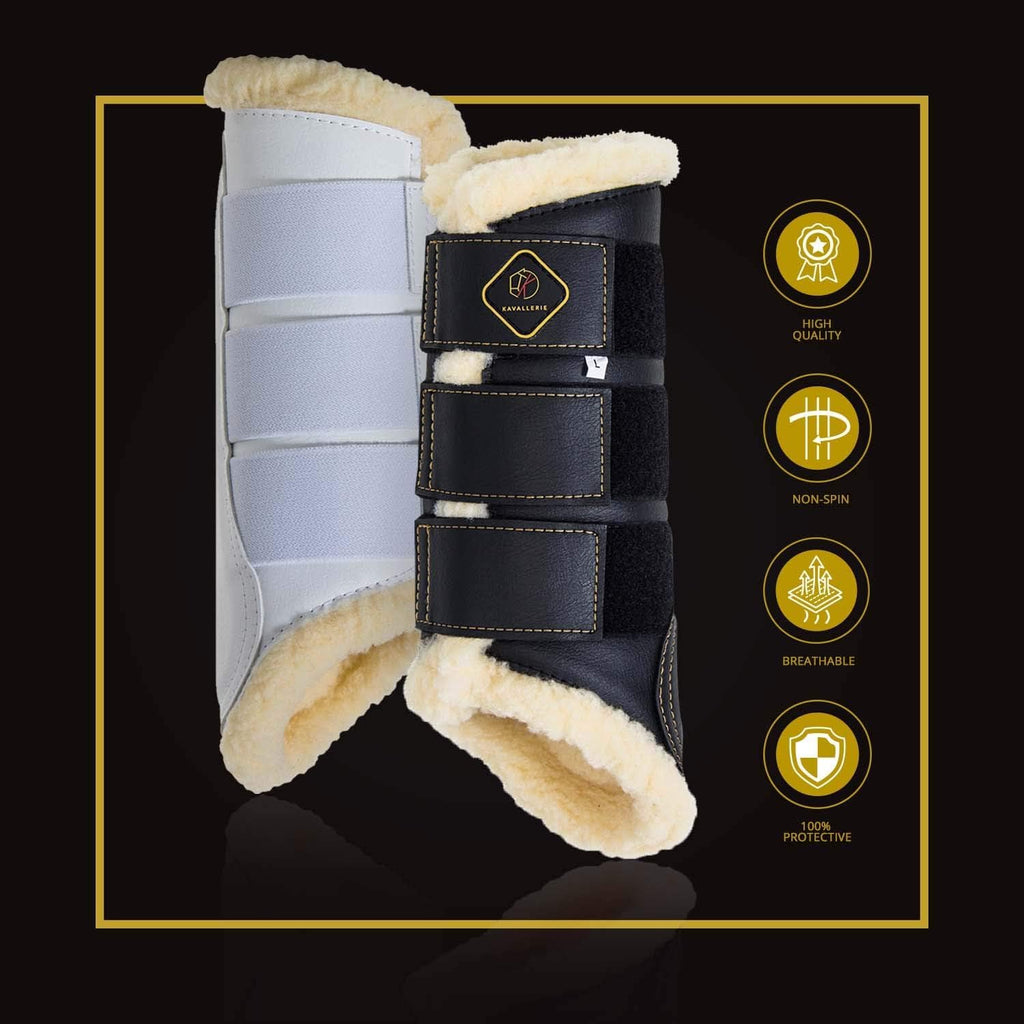 Kavallerie impact absorbing horse boots laid flat to display strike pad