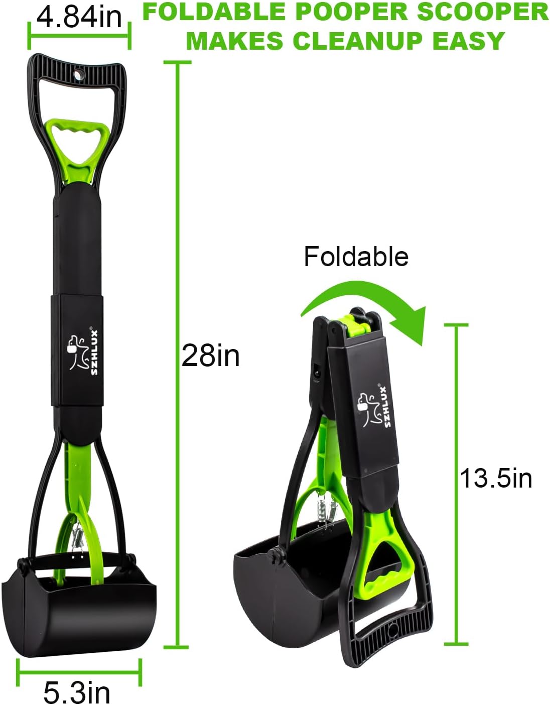 SZHLUX collapsible dog waste picker showing the folded compact storage design.