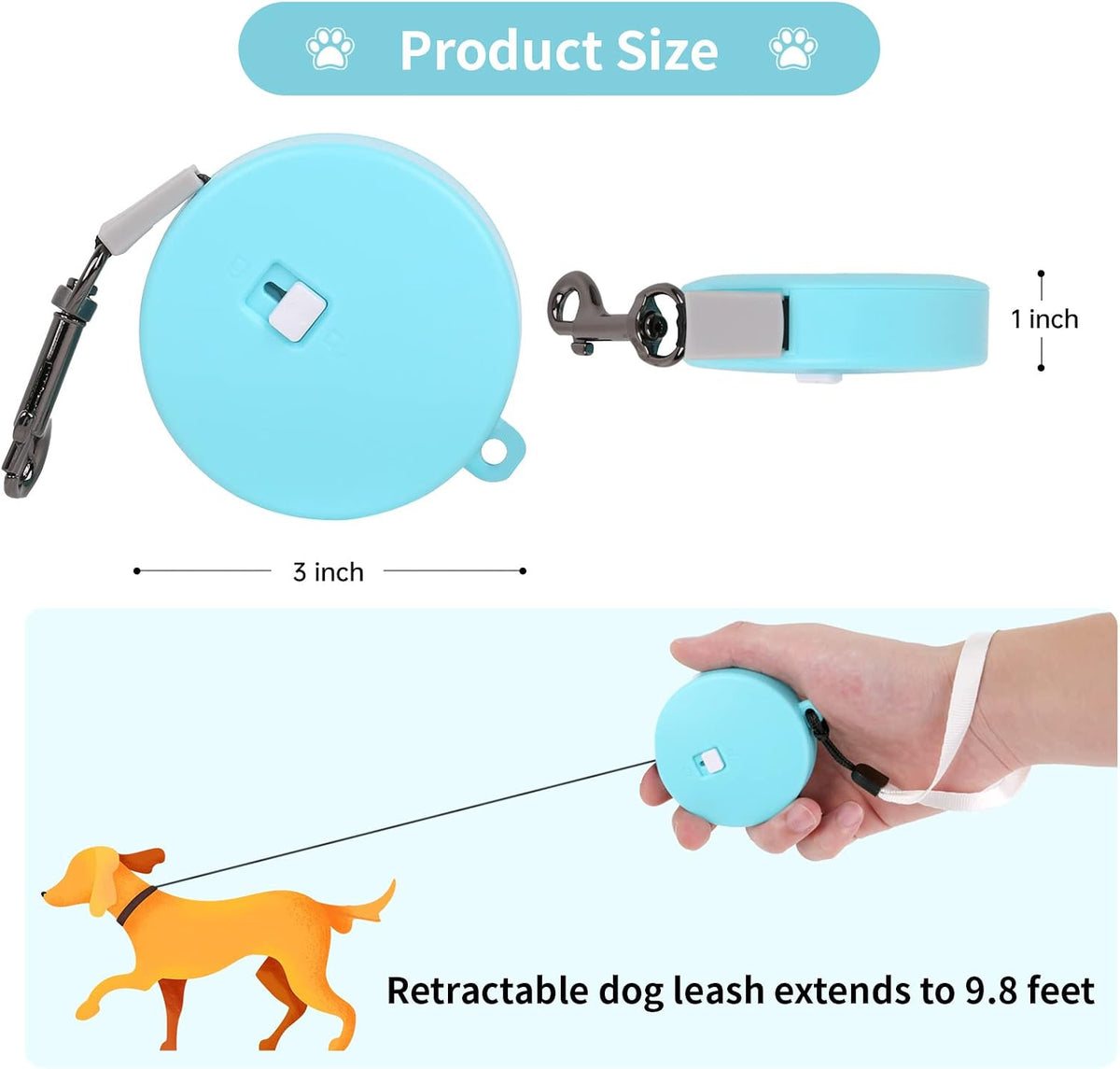 Side view of Cugbcug retractable leash displaying 9.8 foot nylon tape