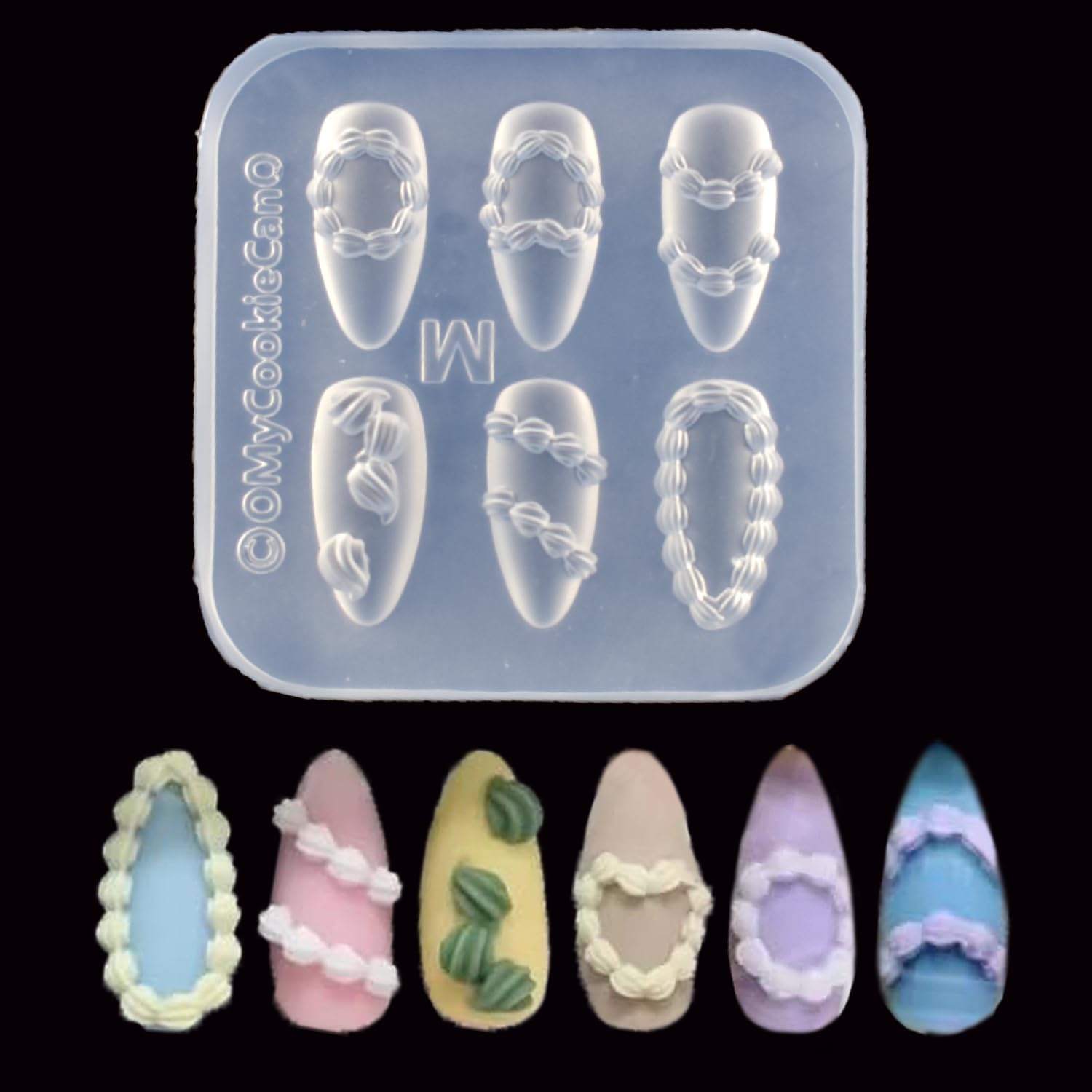 Lifoost nail art silicone mold front view showing six transparent 3D embossed cream chain patterns.