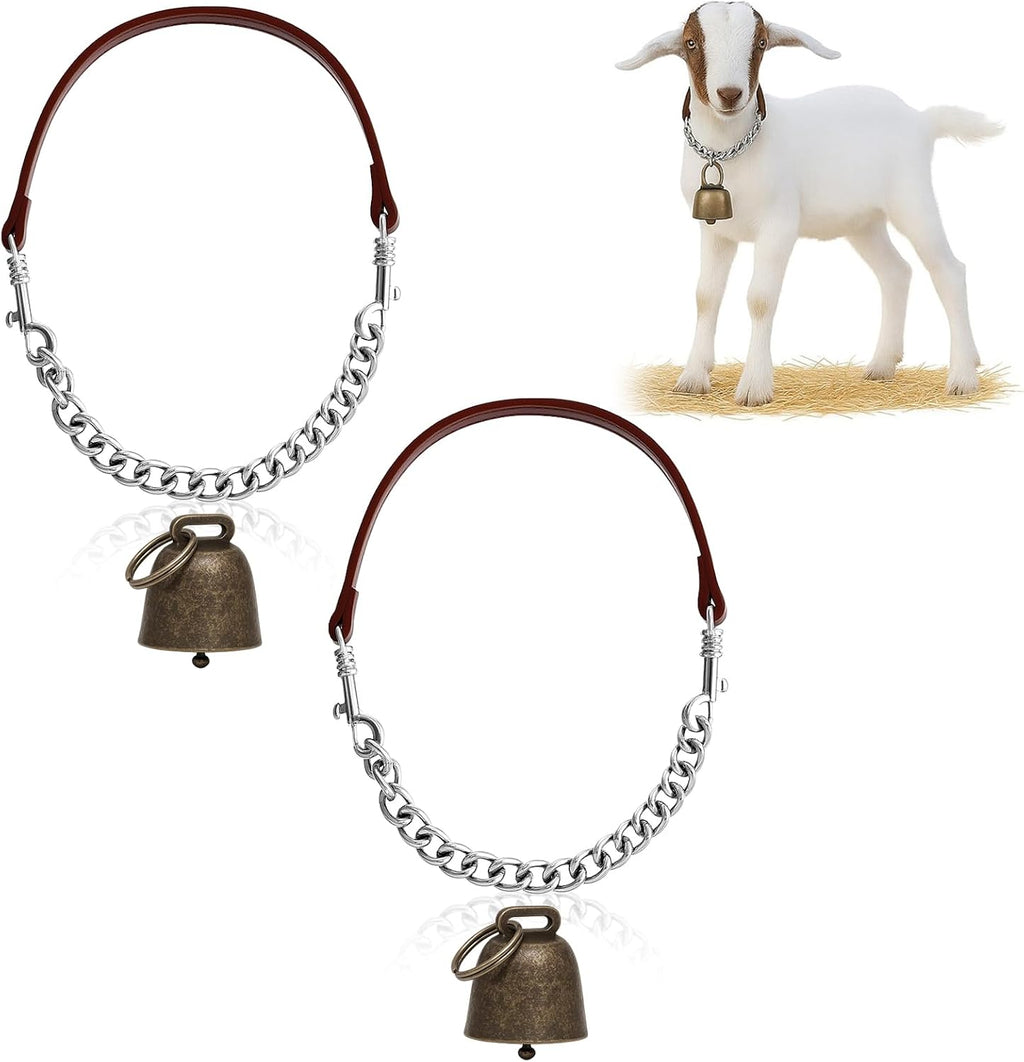 Misdary adjustable goat collars with bells front view showing brown leather strap and iron chain halter