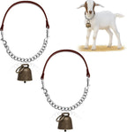 Misdary adjustable goat collars with bells front view showing brown leather strap and iron chain halter