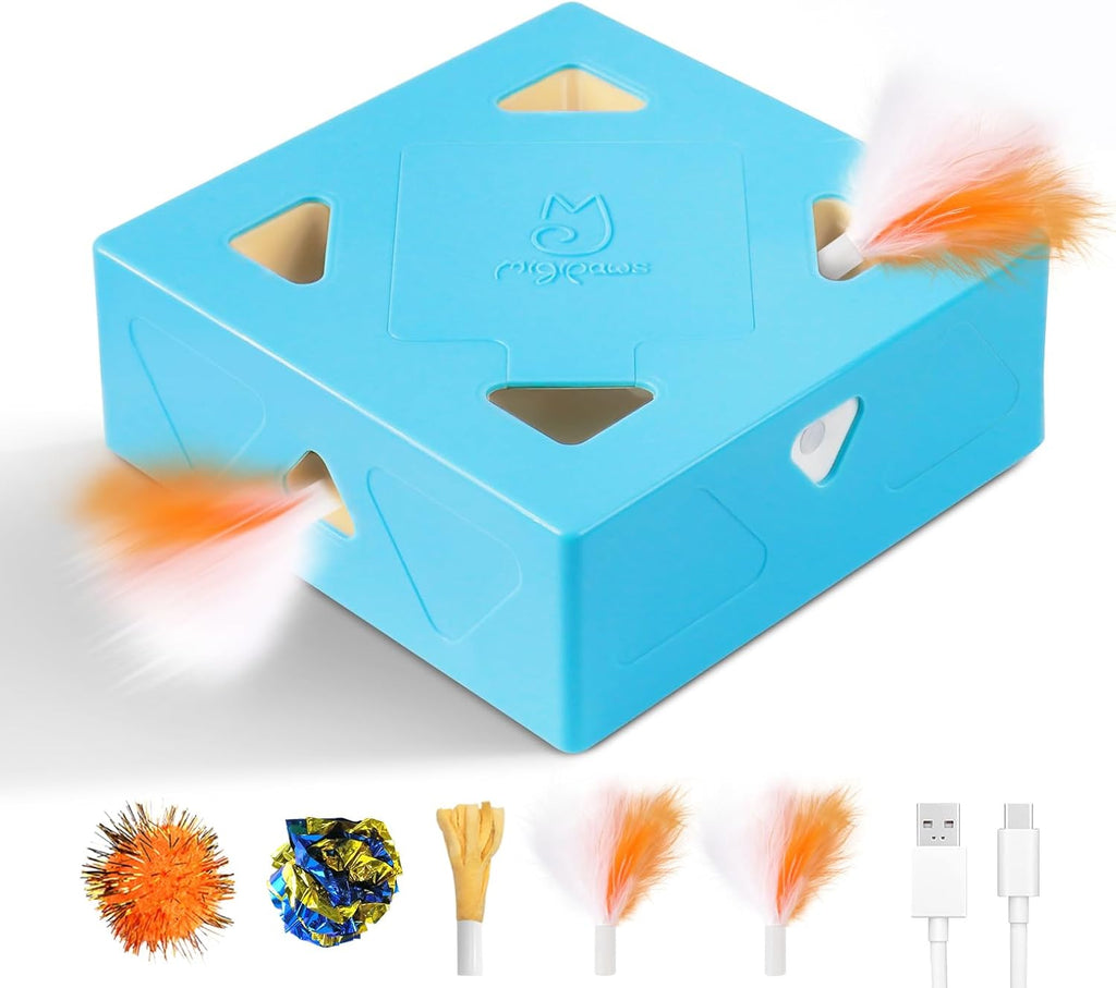 Premium packaging layout of the USA imported Migipaws purple skin cat toy.