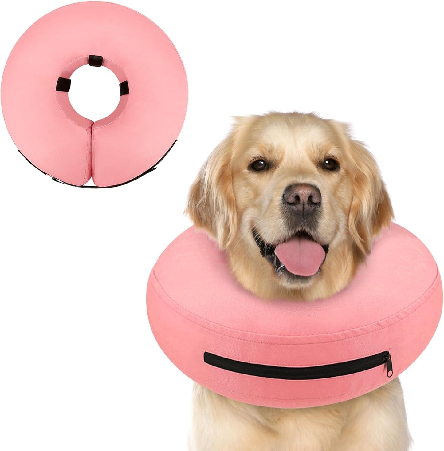 Supet inflatable collar packaging showcasing all available sizes from small to double extra large.