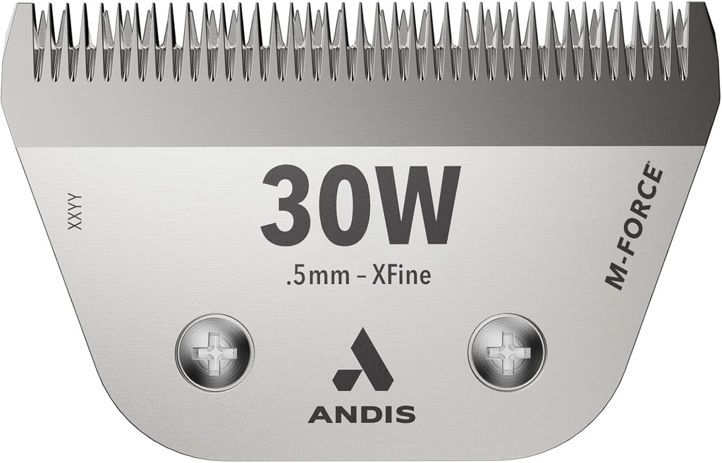 Product scale demonstration of the Andis 7W replacement blade showing its 36 percent wider design for faster animal clipping.