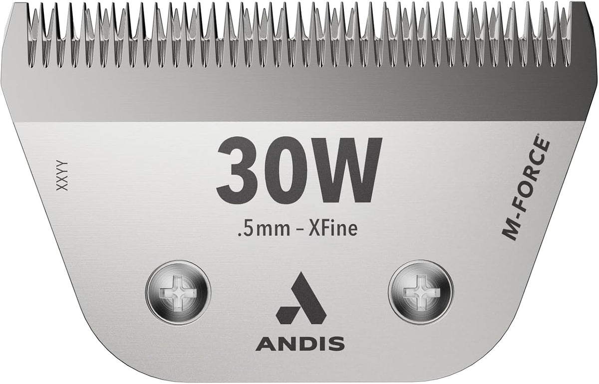 Product scale demonstration of the Andis 7W replacement blade showing its 36 percent wider design for faster animal clipping.