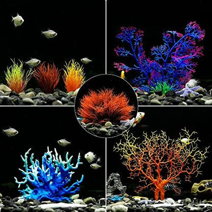 Assorted sizes of artificial aquarium plants ranging from two to ten inches high.