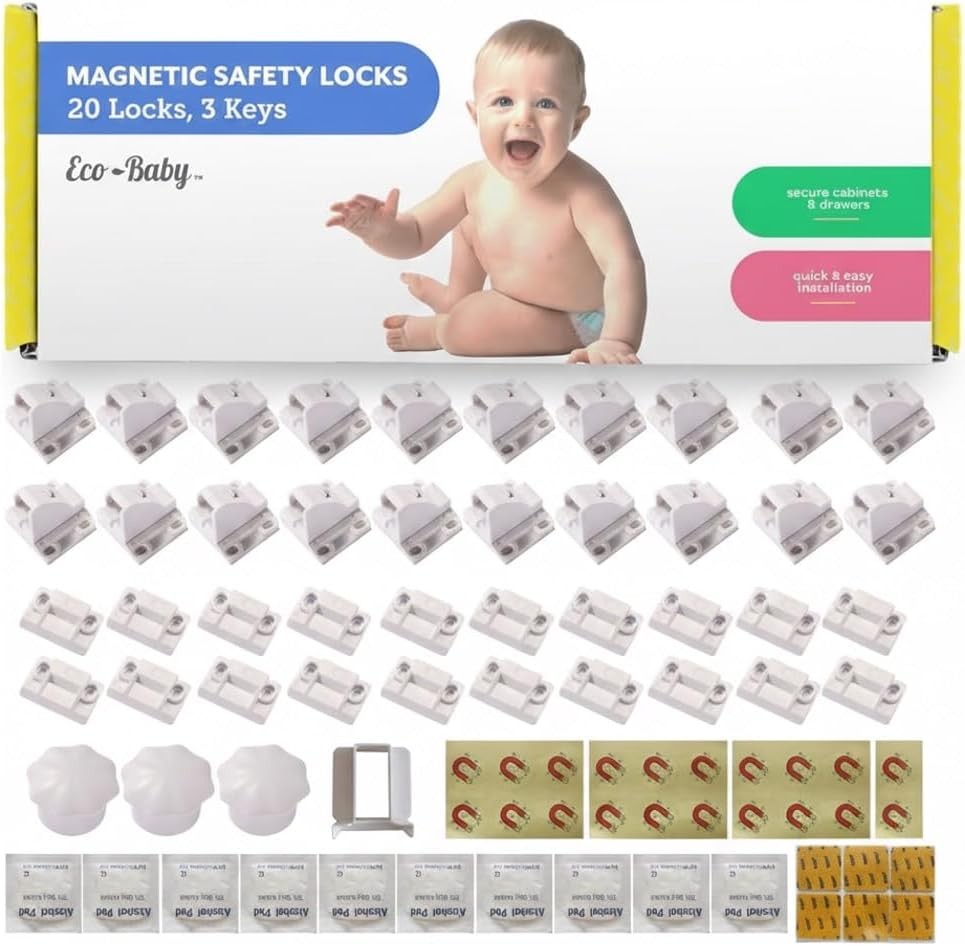Magnetic Cabinet Locks for Babies (20 Pack Locks with 3 Keys), Eco Baby Baby Proofing Cabinet Locks, Child Locks for Cabinets Drawers Doors, Easy Installation No Tools Required - Image 1