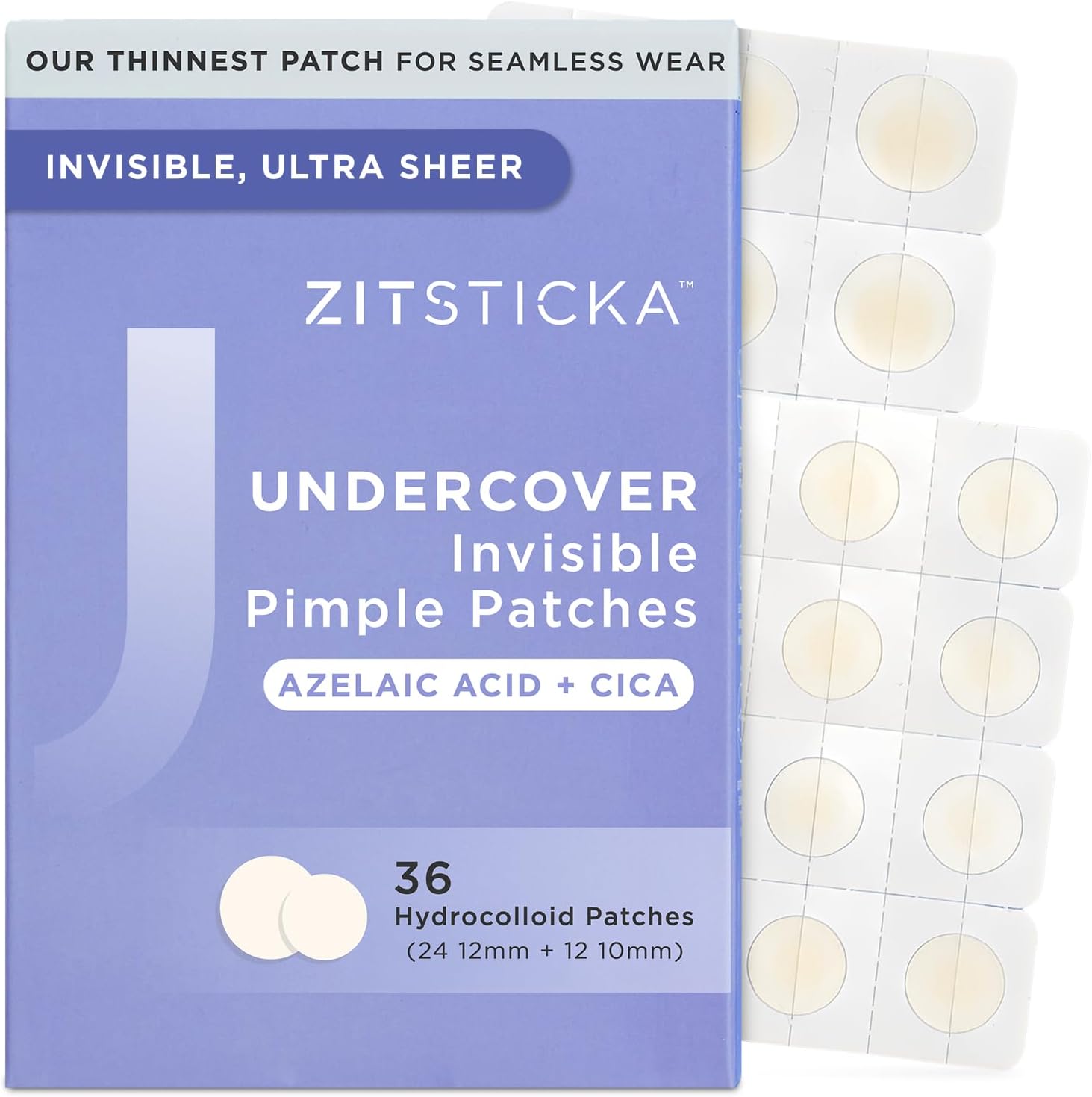 ZitSticka Undercover Invisible Pimple Patches front packaging view showing 36 count hydrocolloid blemish stickers.