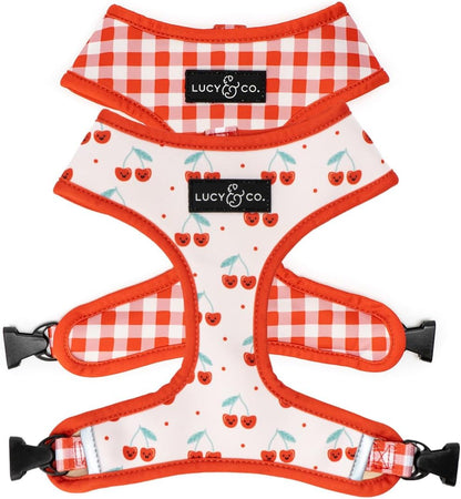 Lucy and Co Reversible Dog Harness front view showcasing the cherry print design.