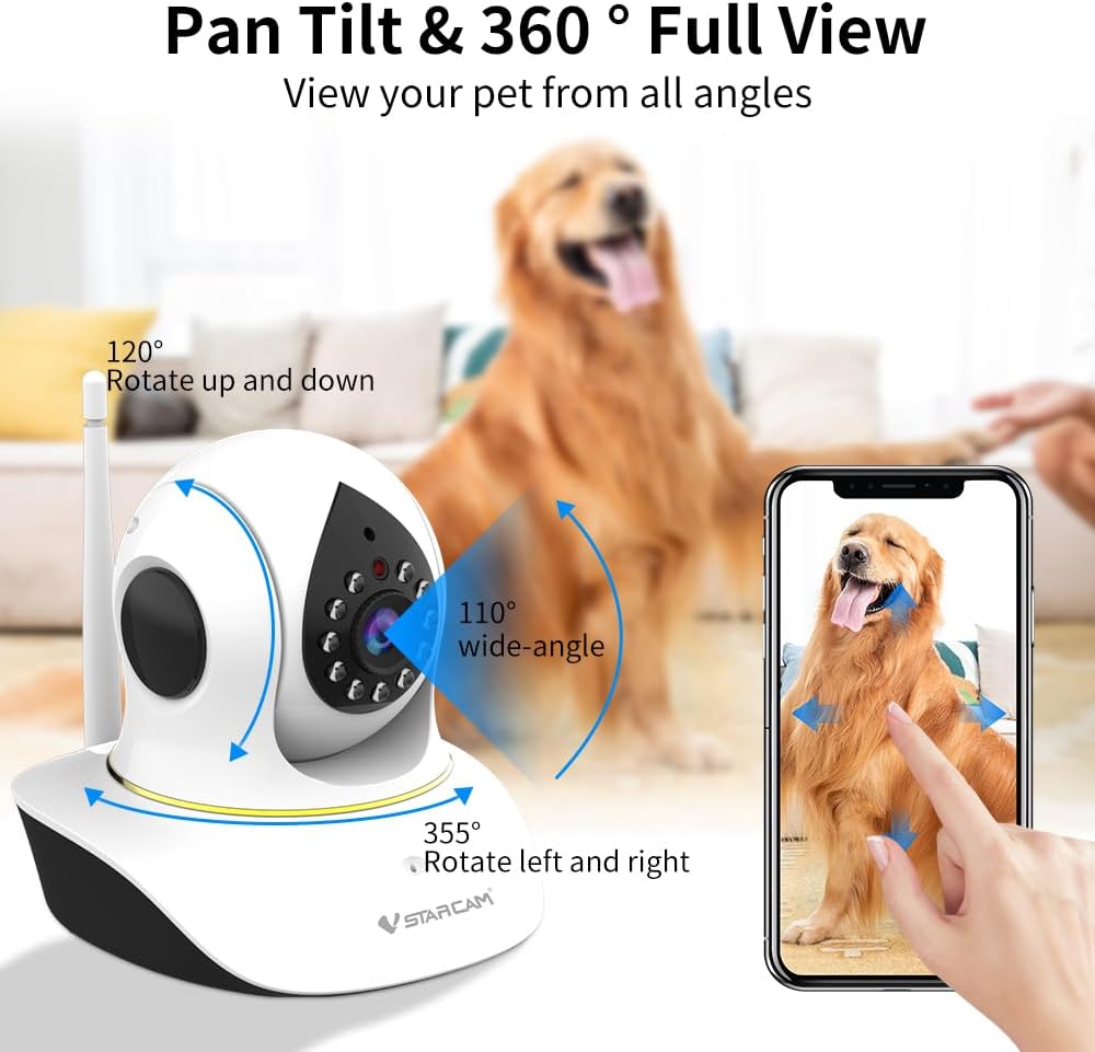 Smart indoor pet monitor showing infrared night vision LEDs activated in dim room