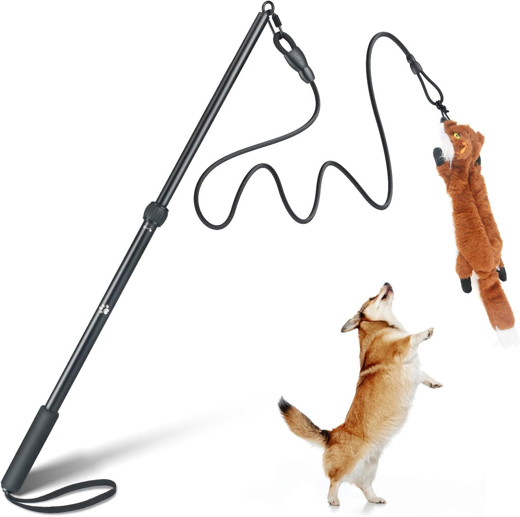 YILAKO heavy duty dog flirt pole front view showing extended aluminum rod and squeaky toy lure