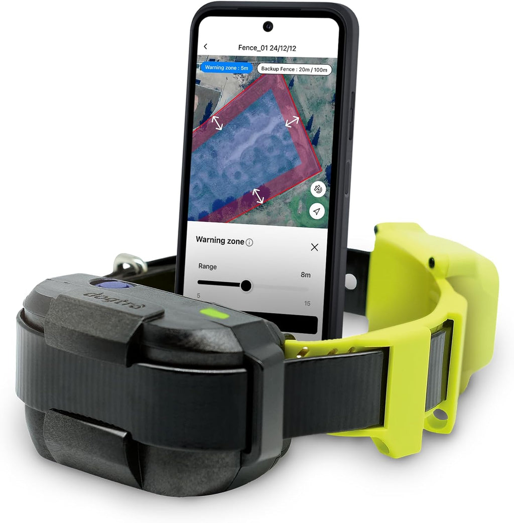 Dogtra GPS Fence front view showing the high-visibility yellow collar strap and black receiver unit.