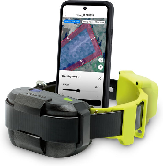 Dogtra GPS Fence front view showing the high-visibility yellow collar strap and black receiver unit.