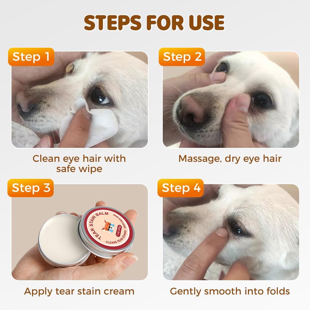 Application of tear stain balm on pet fur using included brush