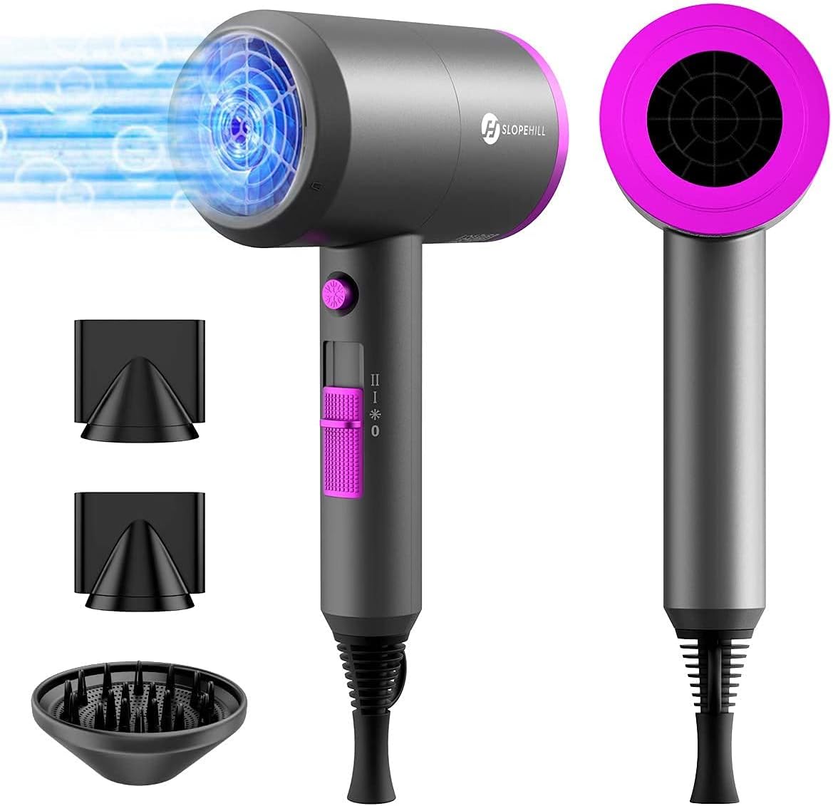 Slopehill professional ionic hair dryer front view in grey and magenta styling