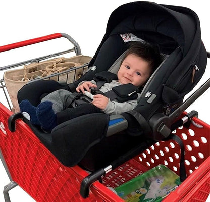 Totes Babies car seat carrier front view installed on a grocery shopping cart holding an infant car seat.