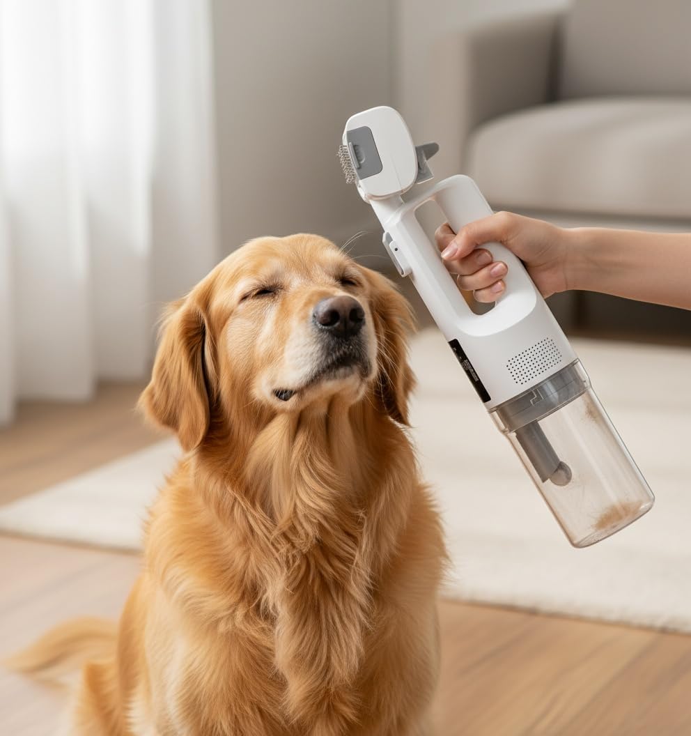 Undercoat rake tool connected to the cordless pet grooming vacuum device.