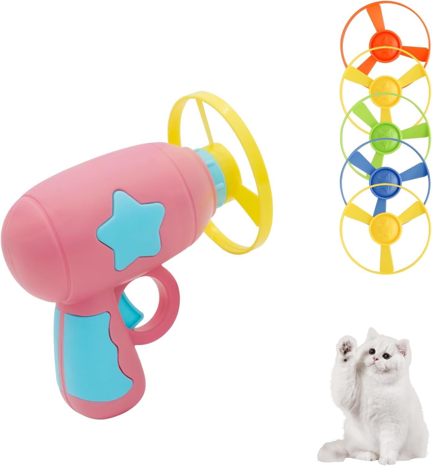 Andiker Cat Fetch Toy, Interactive Kitten Flying Disc Launcher Toy with 5 Colorful Flying Propellers for Cat Enrichment, Flying Saucer Toy for Cats for Training and Chasing (Blue) - Image 9