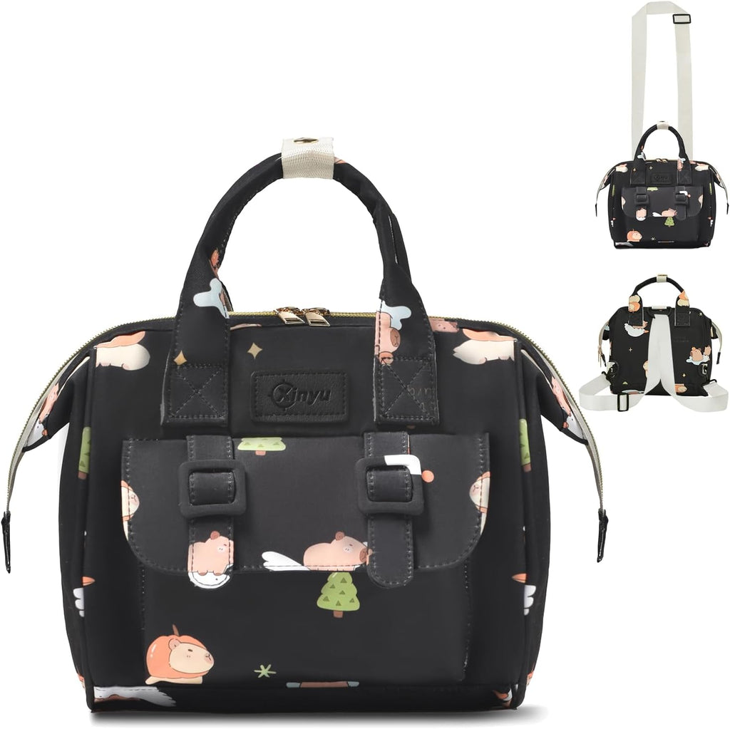 Mozzilog small diaper bag front view in black animal print