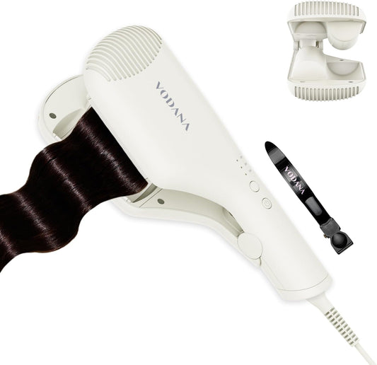 Vodana Compact Triple Flow Hair Waver front view showing the 1.5 inch ceramic double barrel design in Ivory Mood.