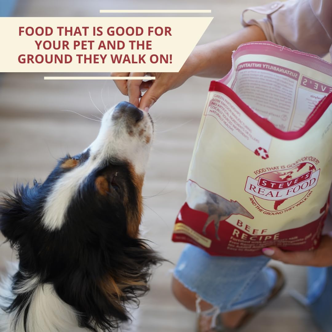 Steve's Real Food 20 Ounce beef formula package layout with raw goat milk highlight